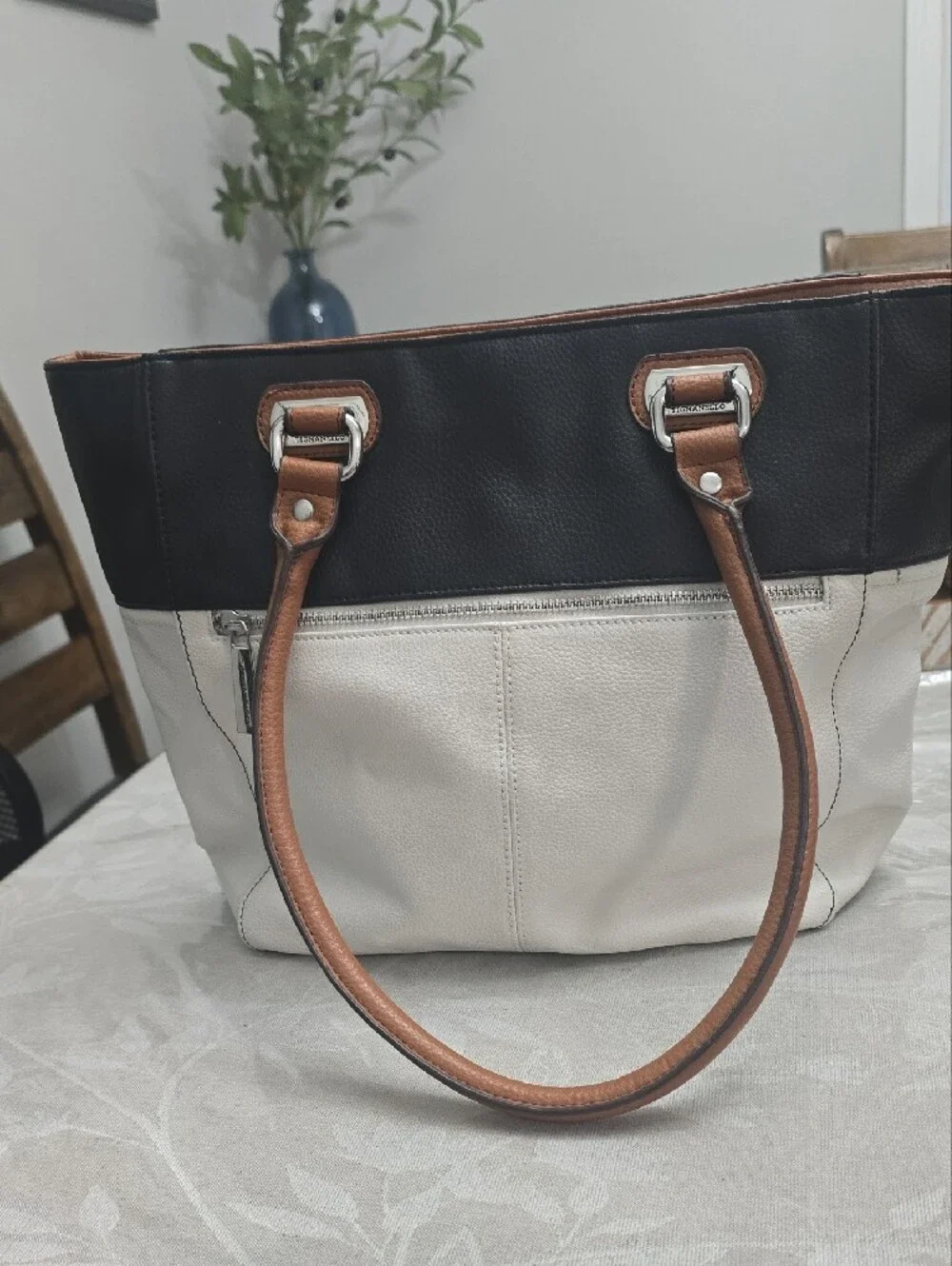 Tignanello Black, Cream & Brown Leather Tote
